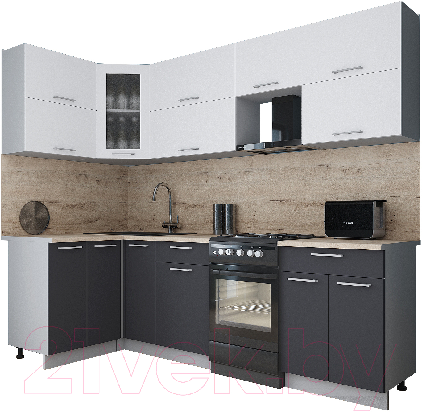 Кухонный гарнитур Interline Мила Gloss 50-12x25 (белый/пепел/травертин серый)