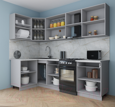 Кухонный гарнитур Интерлиния Мила Gloss 50-12x25 (белый софт/графит софт/травертин серый)