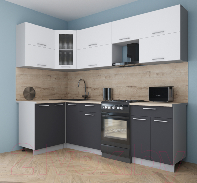 Кухонный гарнитур Интерлиния Мила Gloss 50-12x25 (белый софт/графит софт/травертин серый)