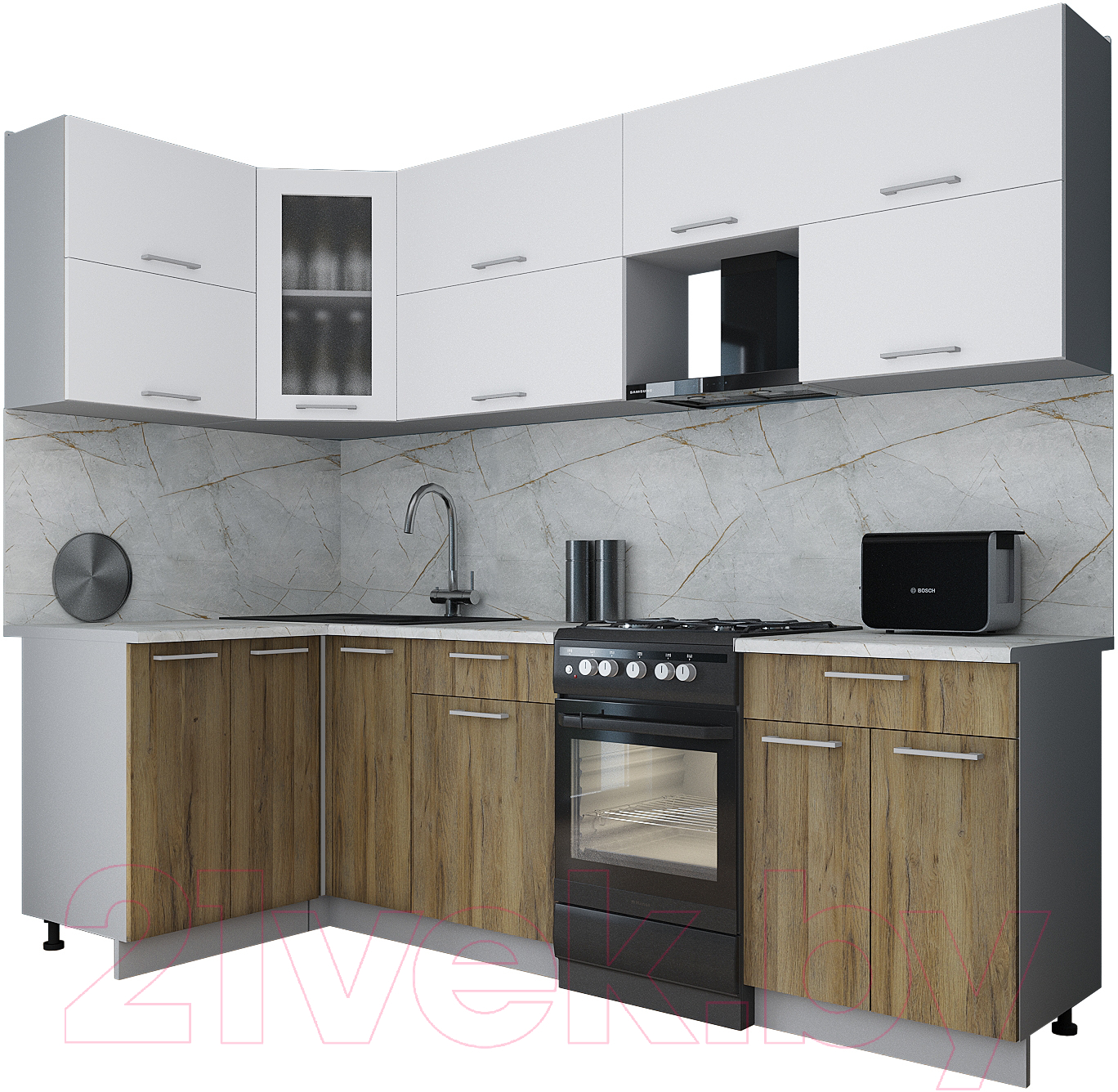 Кухонный гарнитур Interline Мила Gloss 50-12x25 (белый/дуб вотан/травертин серый)