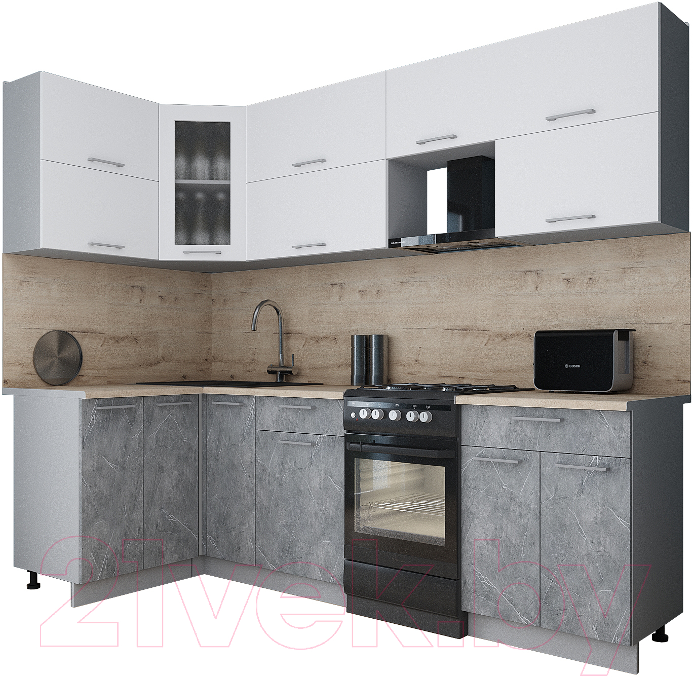 Кухонный гарнитур Interline Мила Gloss 50-12x25 (белый/керамика/травертин серый)