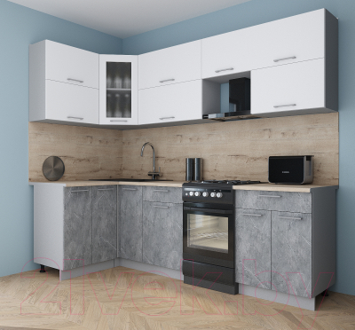 Кухонный гарнитур Интерлиния Мила Gloss 50-12x25 (белый софт/керамика/травертин серый)