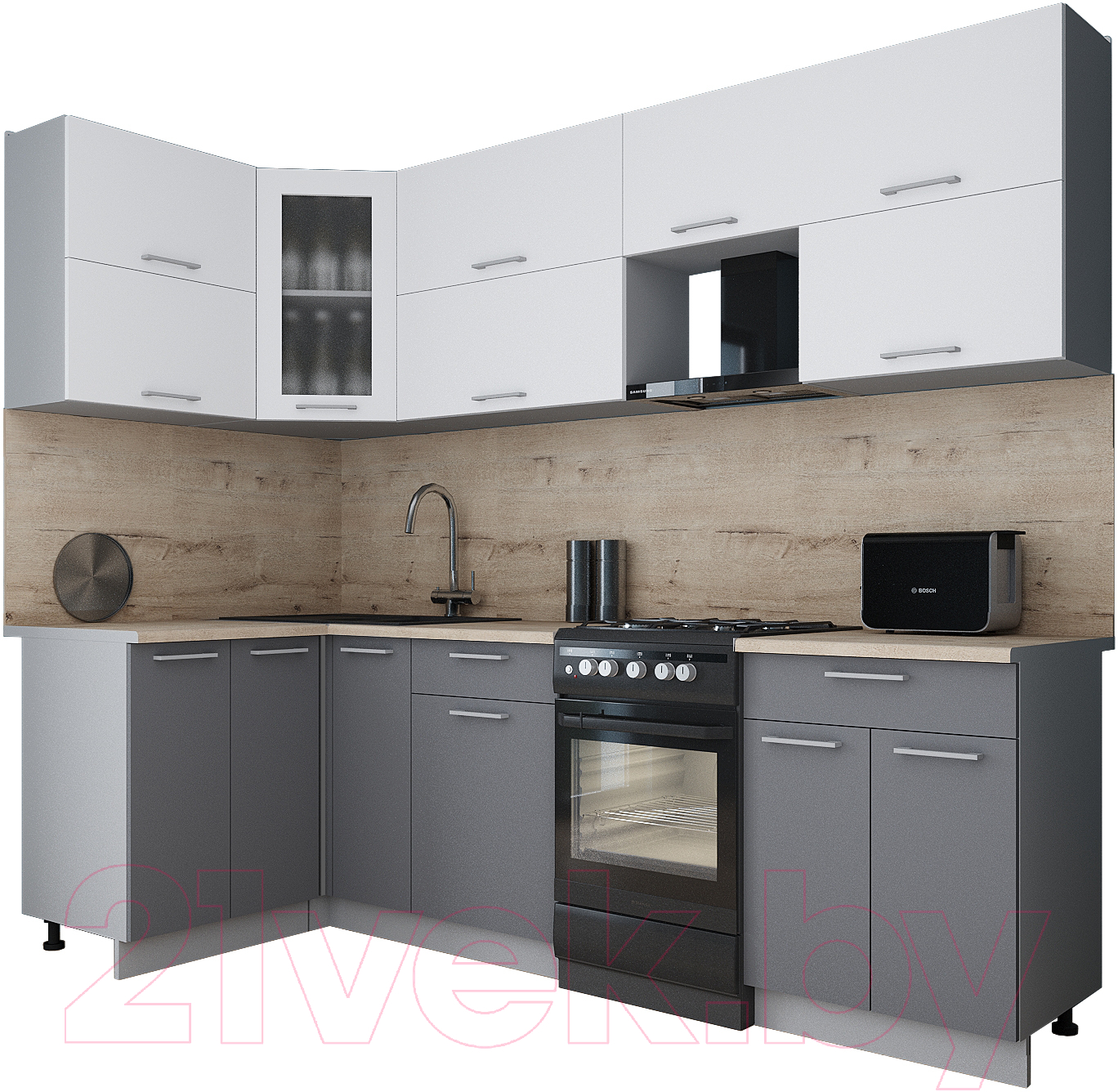 Кухонный гарнитур Interline Мила Gloss 50-12x25 (белый/серый/травертин серый)