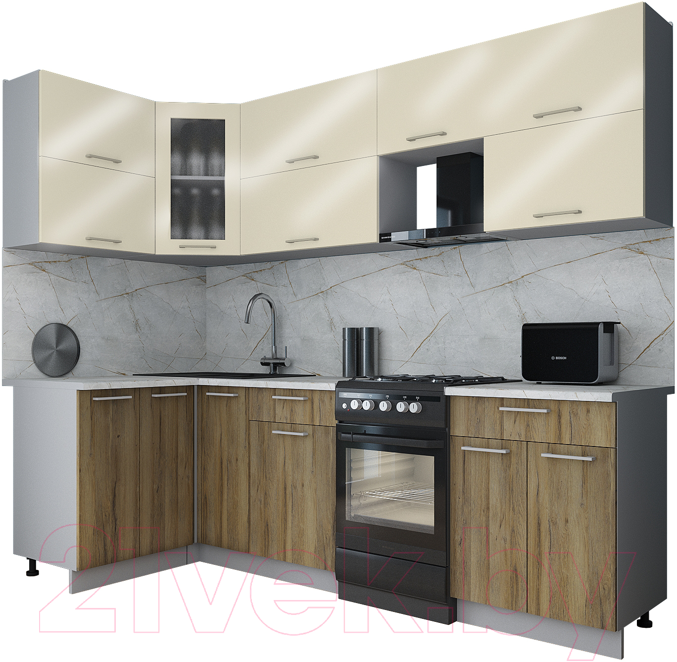 Кухонный гарнитур Interline Мила Gloss 50-12x25 (ваниль глянец/дуб вотан/травертин серый)