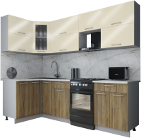 Кухонный гарнитур Интерлиния Мила Gloss 50-12x25 (ваниль глянец/дуб вотан/травертин серый) - 