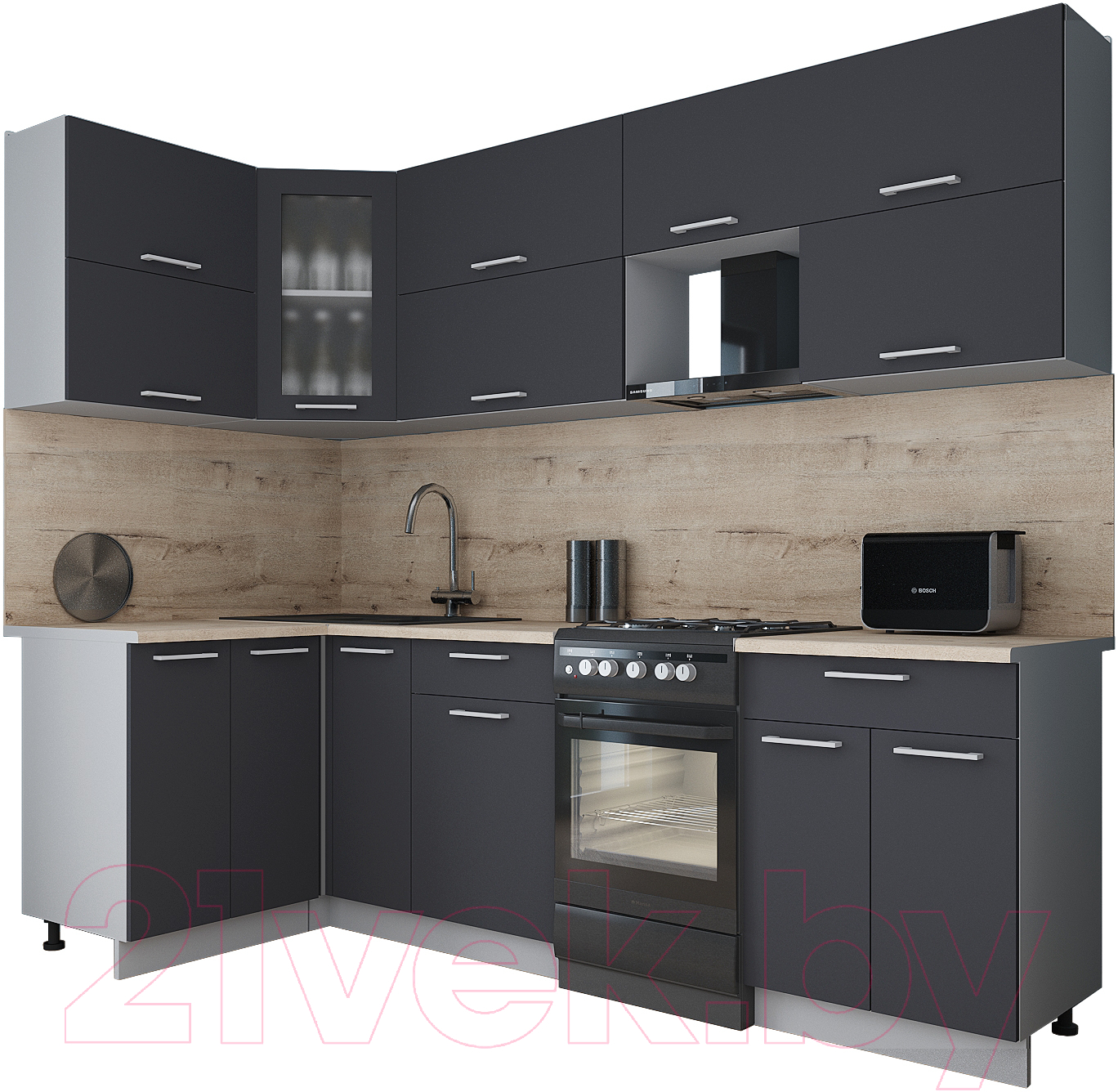 Кухонный гарнитур Interline Мила Gloss 50-12x25 (пепел/пепел/травертин серый)