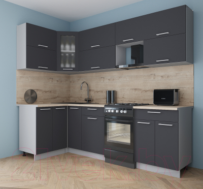 Кухонный гарнитур Интерлиния Мила Gloss 50-12x25 (графит софт/графит софт/травертин серый)