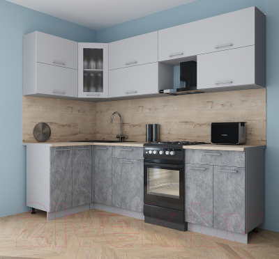Готовая кухня Интерлиния Мила Gloss 50-12x25 (пепел софт/керамика/травертин серый)