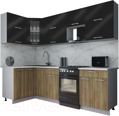 Готовая кухня Интерлиния Мила Gloss 50-12x25 (черный глянец/дуб вотан/травертин серый)