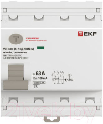 Дифференциальный автомат EKF PROxima ВД-100N (S) 4п 63А 100мА AC 6кА / E1046MS63100