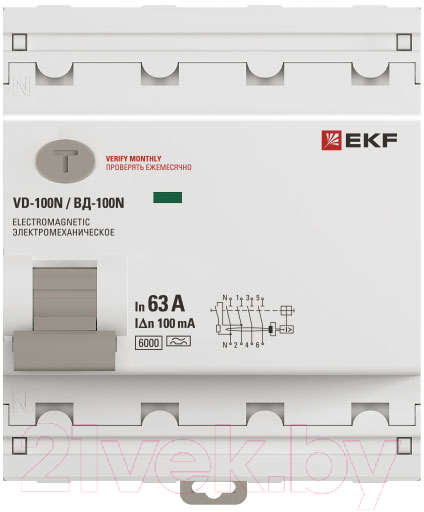 Дифференциальный автомат EKF PROxima ВД-100N 4п 63А 100мА A 6кА / E1046MA63100