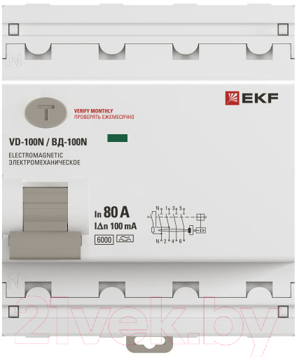 Дифференциальный автомат EKF PROxima ВД-100N 4п 80А 100мА A 6кА / E1046MA80100