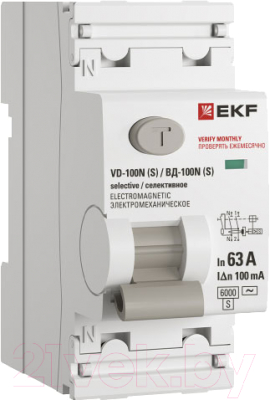 Дифференциальный автомат EKF PROxima ВД-100N (S) 2п 63А 100мА AC 6кА / E1026MS63100