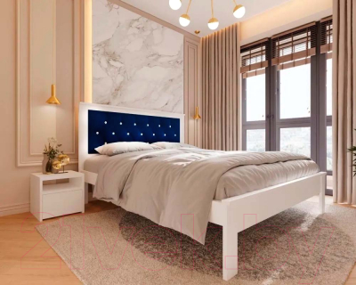 Двуспальная кровать BAMA Георг (160x200, белый/велюр синий+стразы)