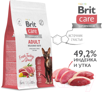 Сухой корм для кошек Brit Care Cat Adult Delicious Taste с индейкой и уткой / 5066070 (400г)