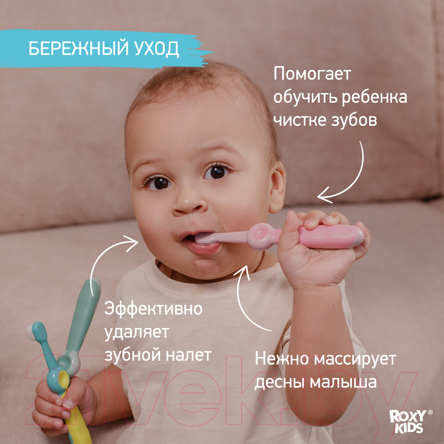 Набор зубных щеток ROXY-KIDS Смайлик / RTB-013-BG (бирюзовый/зеленый) — фото 4