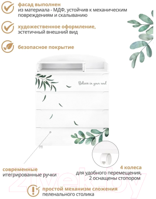 Комод пеленальный INDIGO Green Line с узким пеленальным столиком (травинки)