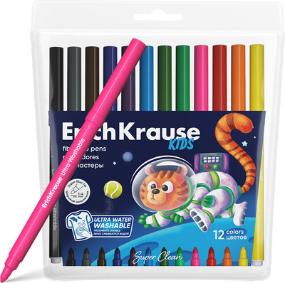 Фломастеры Erich Krause Kids Space Animals Super Tip Ultra Washable / 61825 (12цв) - 