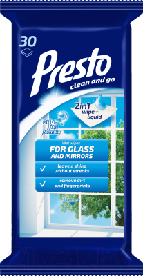 Влажные салфетки для дома PrestO Чистящие для стекол и зеркал (30шт)
