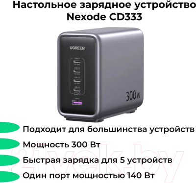 Зарядное устройство сетевое Ugreen Nexode CD333 300W 5-Port PD GaN Fast Charger EU / 90903B (черный)