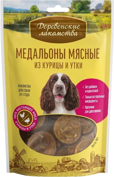 Лакомство для собак Деревенские лакомства Медальоны мясные из курицы и утки (90г)