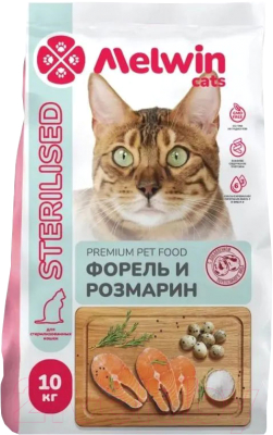 Сухой корм для кошек Melwin для стерилизованных с Форелью и розмарином (10кг)