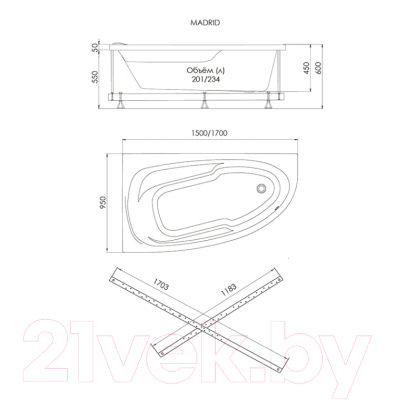 Ванна акриловая 1AcReal Мадрид 170х95 R (с каркасом, экраном и сифоном)
