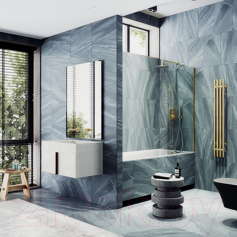 Стеклянная шторка для ванны MaybahGlass MGV-59-3ш (прозрачное стекло/золотой) — фото 3