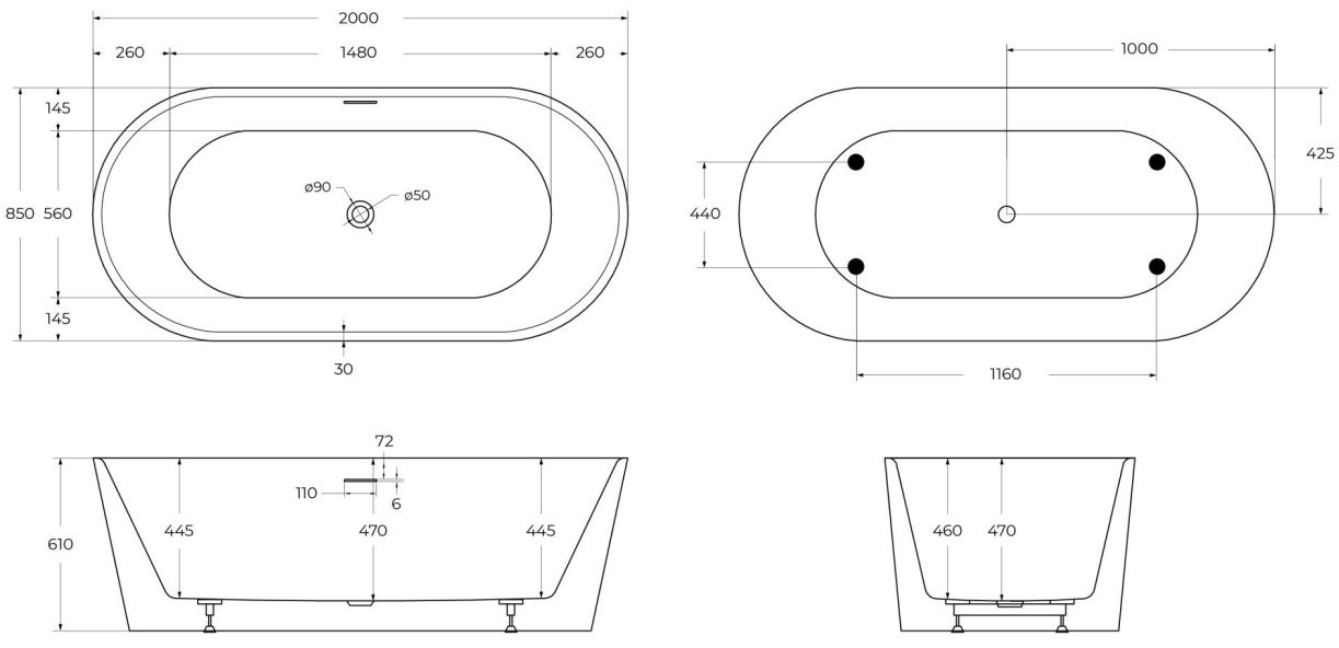 Ванна акриловая BelBagno BB416-2000-850