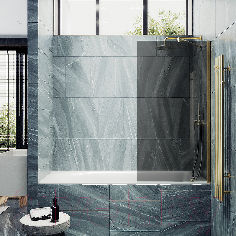 Стеклянная шторка для ванны MaybahGlass MGV-252-3ш (графитовое стекло/золотой) — фото 2