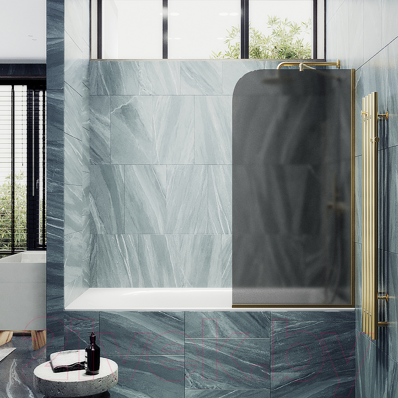 Стеклянная шторка для ванны MaybahGlass MGV-141-3у (графитовое матовое стекло/золотой) — фото 2