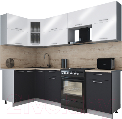 Готовая кухня Интерлиния Мила Gloss 50-12x26 (белый глянец/графит софт/травертин серый)