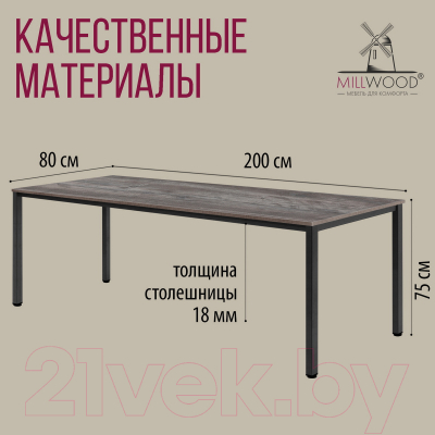 Обеденный стол Millwood Сеул 200x80x75 (сосна пасадена/металл черный)
