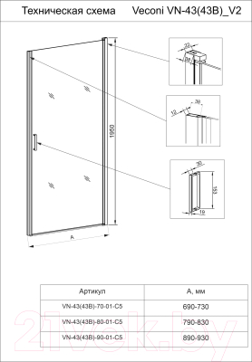 Душевая дверь Veconi 90x195 / VN43B-90-01-C5 (стекло прозрачное/черный)