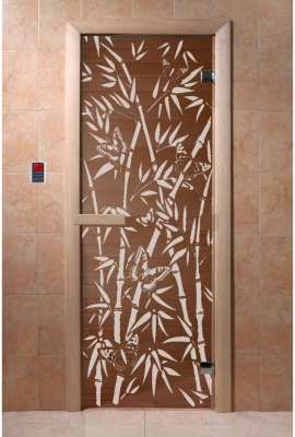 Стеклянная дверь для бани/сауны Doorwood Бамбук и бабочки 70x190 / DW01216 (бронза, коробка хвоя)