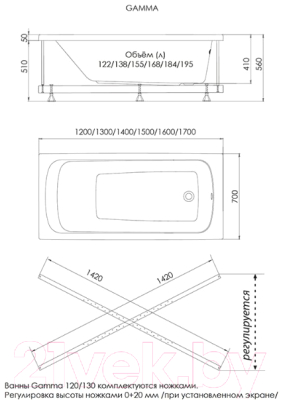 Ванна акриловая 1AcReal Gamma 160x70 (с ножками, сифоном и экраном)