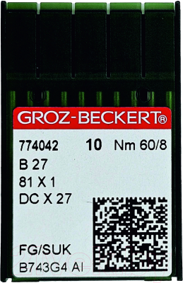 Набор игл для промышленной швейной машины Groz-Beckert DCx27 60 SUK GB-10 (для высокоэластичных тканей)