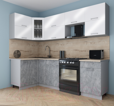 Кухонный гарнитур Интерлиния Мила Gloss 50-12x26 (белый глянец/керамика/травертин серый)