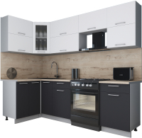 Кухонный гарнитур Интерлиния Мила Gloss 50-12x26 (белый софт/графит софт/травертин серый) - 