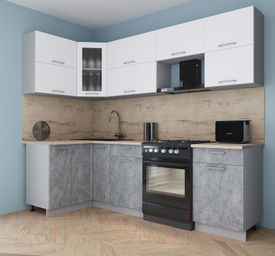 Готовая кухня Интерлиния Мила Gloss 50-12x26 (белый софт/керамика/травертин серый)