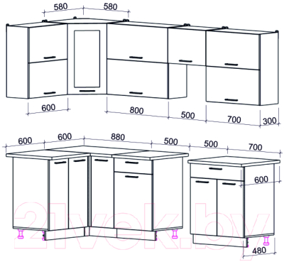 Кухонный гарнитур Интерлиния Мила Gloss 50-12x26 (белый софт/серый софт/травертин серый)