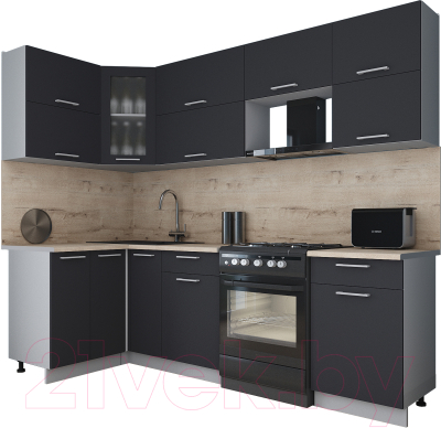 Готовая кухня Интерлиния Мила Gloss 50-12x26 (графит софт/графит софт/травертин серый)