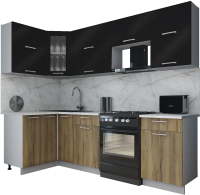Кухонный гарнитур Интерлиния Мила Gloss 50-12x26 (черный глянец/дуб вотан/травертин серый) - 