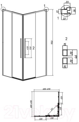 Душевой уголок Grossman Galaxy 70x70x195 / 300.K33.01.7070.21.02 (черный матовый/шиншилла стекло)