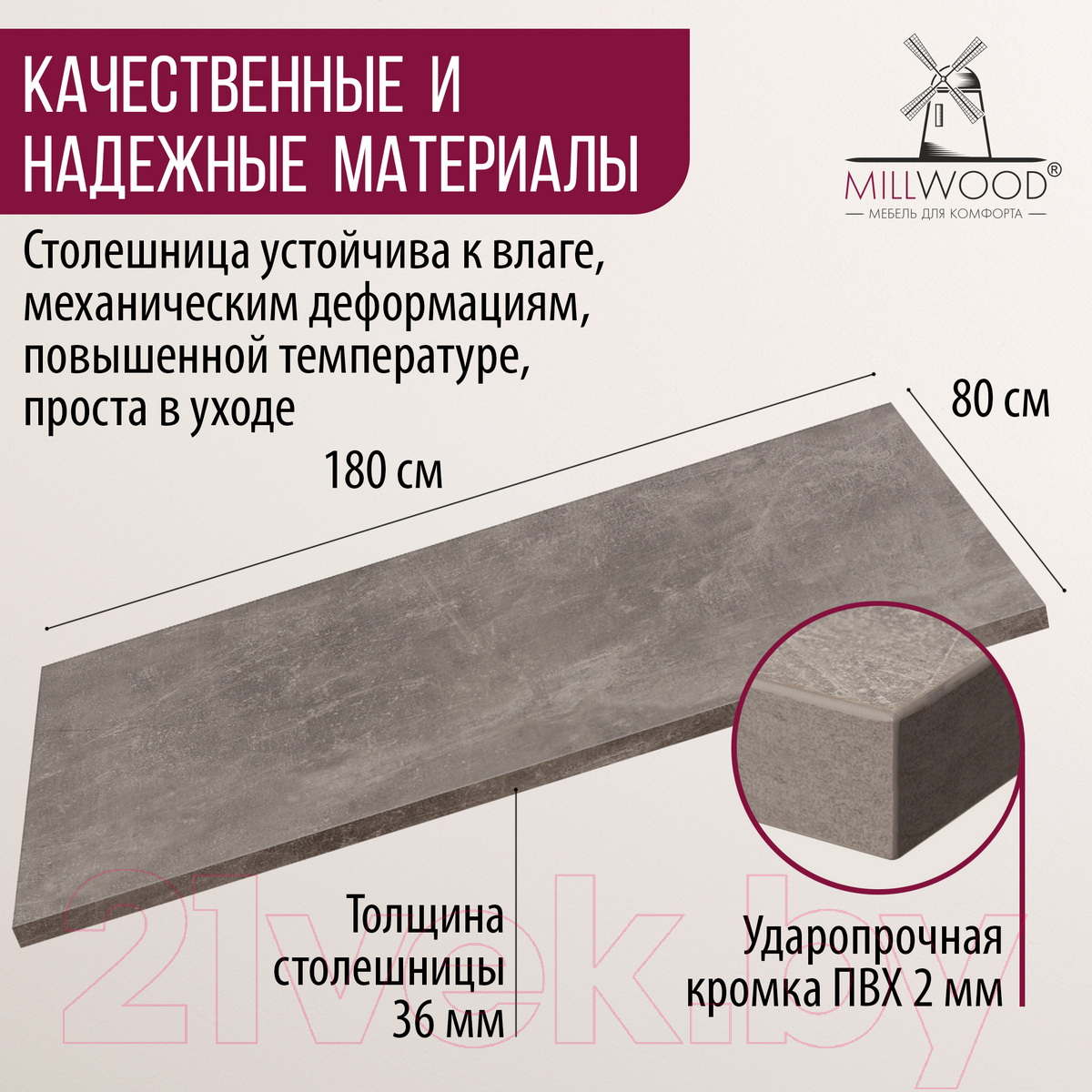 Столешница для стола Millwood ПФ 180x80x3.6