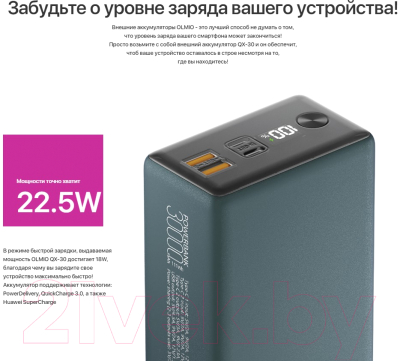 Портативное зарядное устройство Olmio QX-30 QuickCharge 30000mAh 22.5W / 044459 (темно-зеленый)