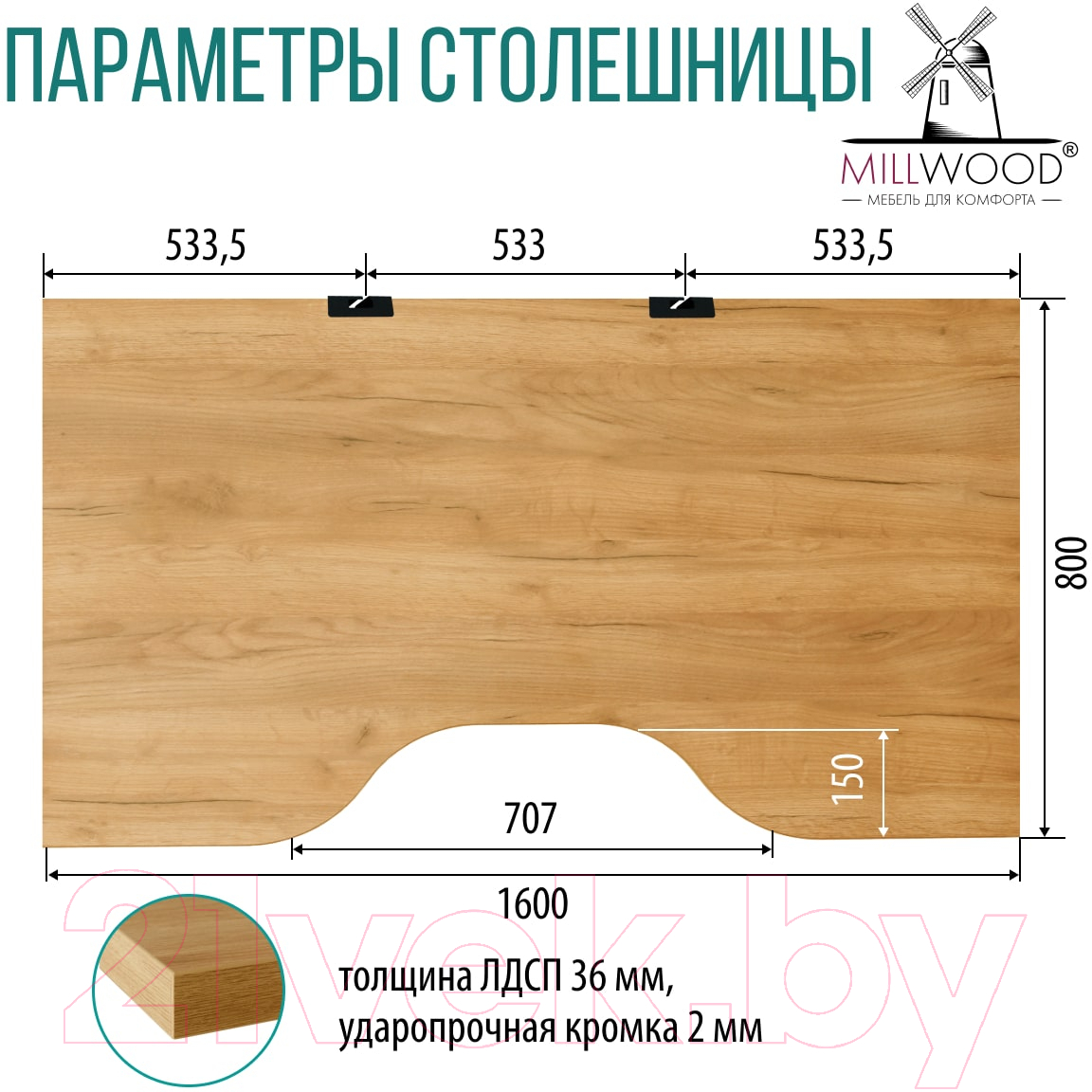 Письменный стол Millwood Каир 2 с вырезом 160x80x74