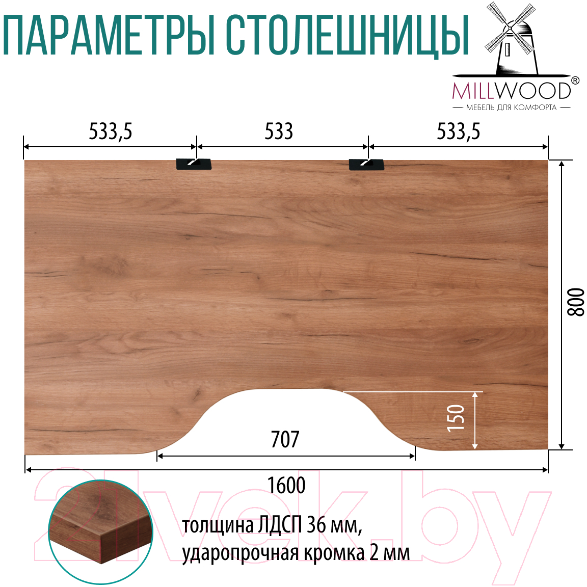 Письменный стол Millwood Каир 2 с вырезом 160x80x74