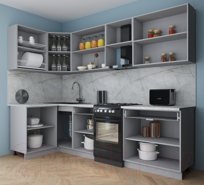 Кухонный гарнитур Интерлиния Мила Gloss 50-12x27 (белый софт/графит софт/травертин серый)