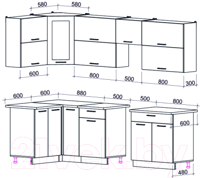 Кухонный гарнитур Интерлиния Мила Gloss 50-12x27 (белый софт/дуб вотан/травертин серый)